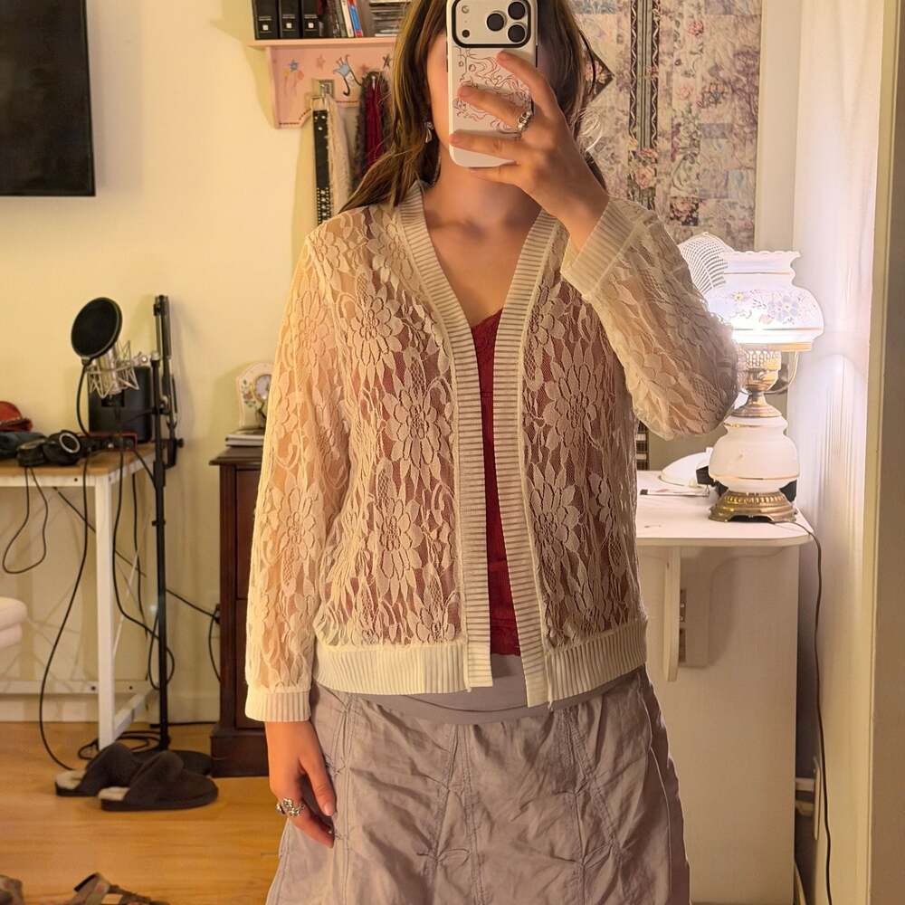 Women's Sheer Floral Lace Open Front Cardigan with Ribbed Trim
